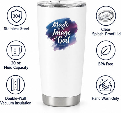 Made in the Image of God Genesis 1:27 White 20oz Tumbler | Scripture-Inspired Artwork Featuring a Vibrant Watercolor Motif for Daily Reflection on Identity and Faith
