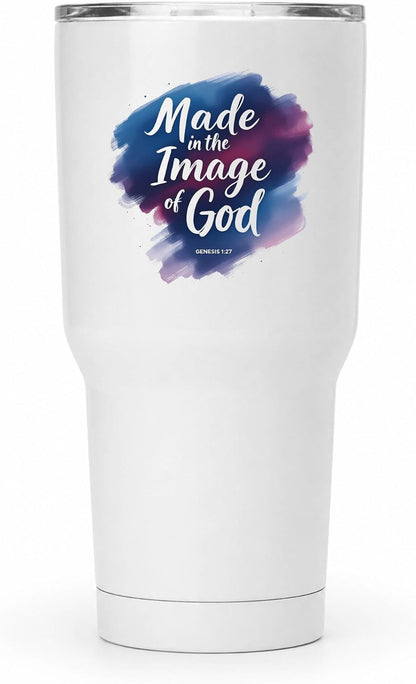 Made in the Image of God Genesis 1:27 White 20oz Tumbler | Scripture-Inspired Artwork Featuring a Vibrant Watercolor Motif for Daily Reflection on Identity and Faith