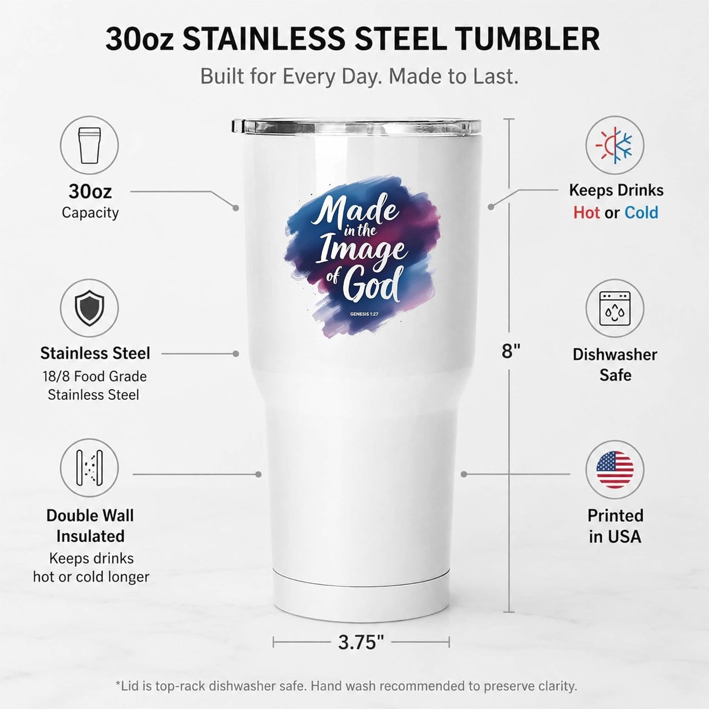 Made in the Image of God Genesis 1:27 White 20oz Tumbler | Scripture-Inspired Artwork Featuring a Vibrant Watercolor Motif for Daily Reflection on Identity and Faith