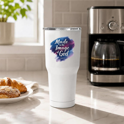 Made in the Image of God Genesis 1:27 White 20oz Tumbler | Scripture-Inspired Artwork Featuring a Vibrant Watercolor Motif for Daily Reflection on Identity and Faith