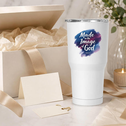 Made in the Image of God Genesis 1:27 White 20oz Tumbler | Scripture-Inspired Artwork Featuring a Vibrant Watercolor Motif for Daily Reflection on Identity and Faith