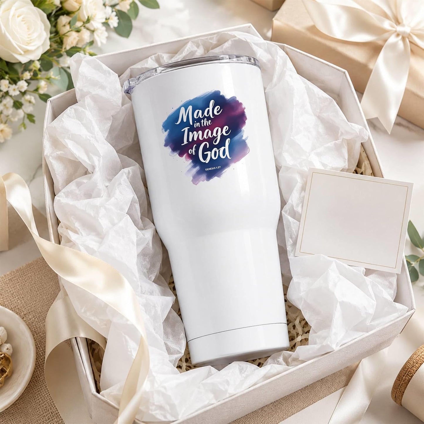 Made in the Image of God Genesis 1:27 White 20oz Tumbler | Scripture-Inspired Artwork Featuring a Vibrant Watercolor Motif for Daily Reflection on Identity and Faith
