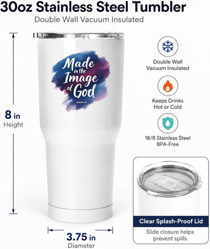 Made in the Image of God Genesis 1:27 White 20oz Tumbler | Scripture-Inspired Artwork Featuring a Vibrant Watercolor Motif for Daily Reflection on Identity and Faith