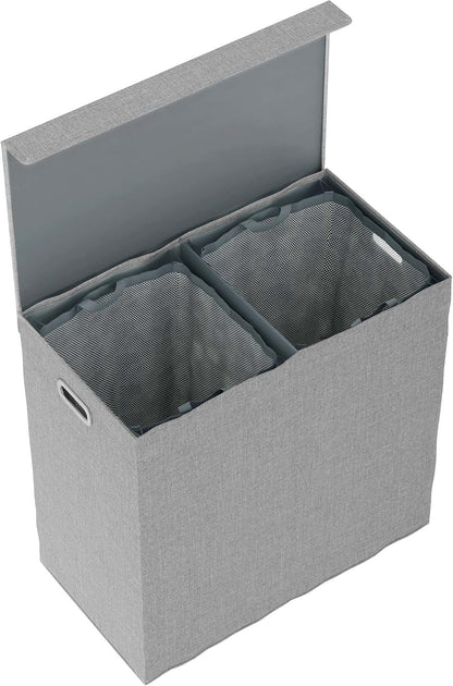 Double Laundry Basket with Lid – Two-Sided Clothes Hamper with Removable Mesh Liner Bags – Collapsible Clothing Organizer by Lavish Home (Gray)