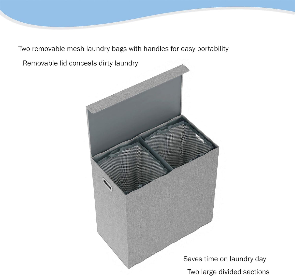 Double Laundry Basket with Lid – Two-Sided Clothes Hamper with Removable Mesh Liner Bags – Collapsible Clothing Organizer by Lavish Home (Gray)