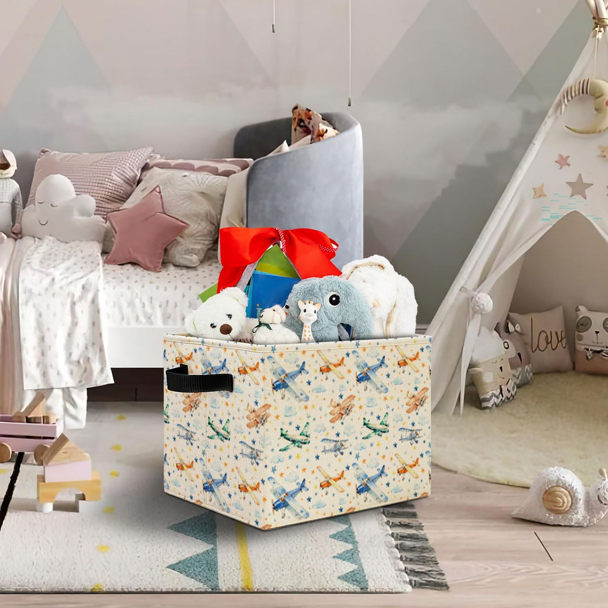 Airplane Nursery Storage Bins, Stars and Cloud Sky Planes Collapsible Storage Basket Organizer for Kids Room Nursery Bedroom Bathroom Clothes Toys Books, Toybox for Boys