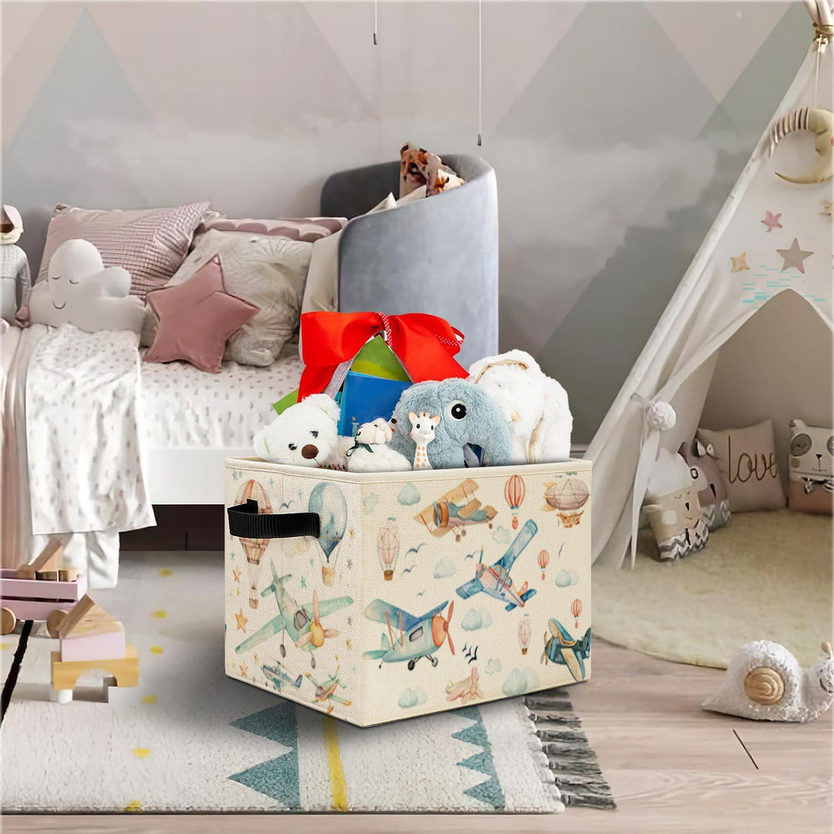 Airplane Nursery Storage Bins, Stars and Cloud Sky Planes Collapsible Storage Basket Organizer for Kids Room Nursery Bedroom Bathroom Clothes Toys Books, Toybox for Boys