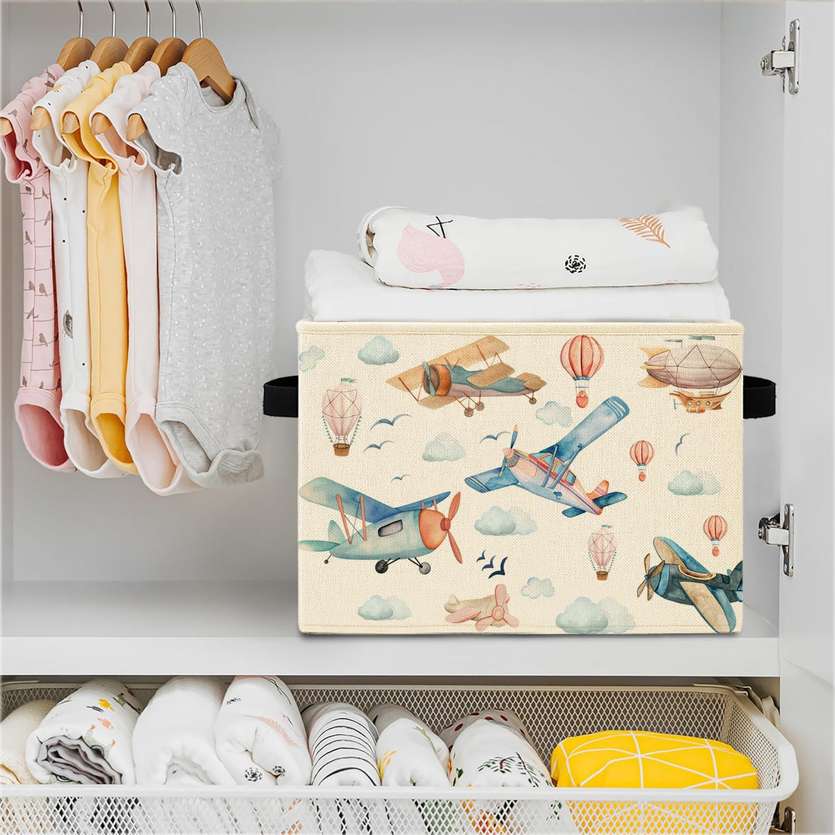 Airplane Nursery Storage Bins, Stars and Cloud Sky Planes Collapsible Storage Basket Organizer for Kids Room Nursery Bedroom Bathroom Clothes Toys Books, Toybox for Boys