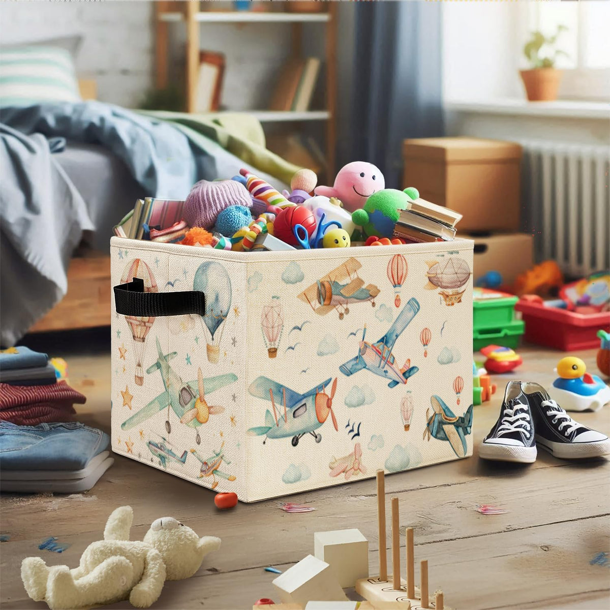 Airplane Nursery Storage Bins, Stars and Cloud Sky Planes Collapsible Storage Basket Organizer for Kids Room Nursery Bedroom Bathroom Clothes Toys Books, Toybox for Boys