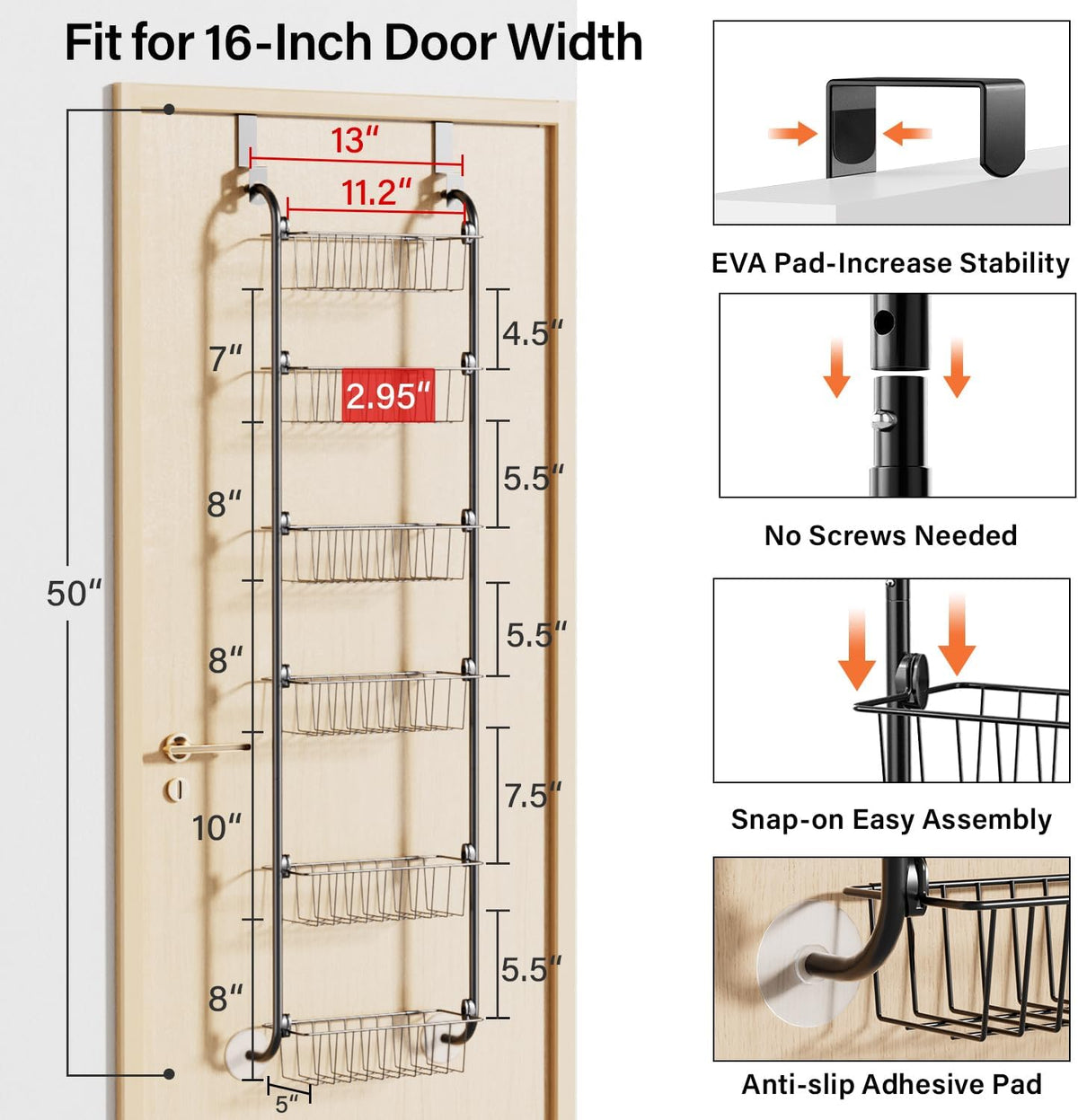 Over the Door Pantry Organizer, 6-Tier Metal Pantry Door Organization and Storage, Hanging Kitchen Basket Spice Rack Seasoning Shelves, Cabinet Door Organizer for Easy Install,D5xW18xH50inch