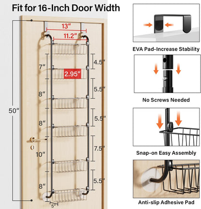 Over the Door Pantry Organizer, 6-Tier Metal Pantry Door Organization and Storage, Hanging Kitchen Basket Spice Rack Seasoning Shelves, Cabinet Door Organizer for Easy Install,D5xW18xH50inch