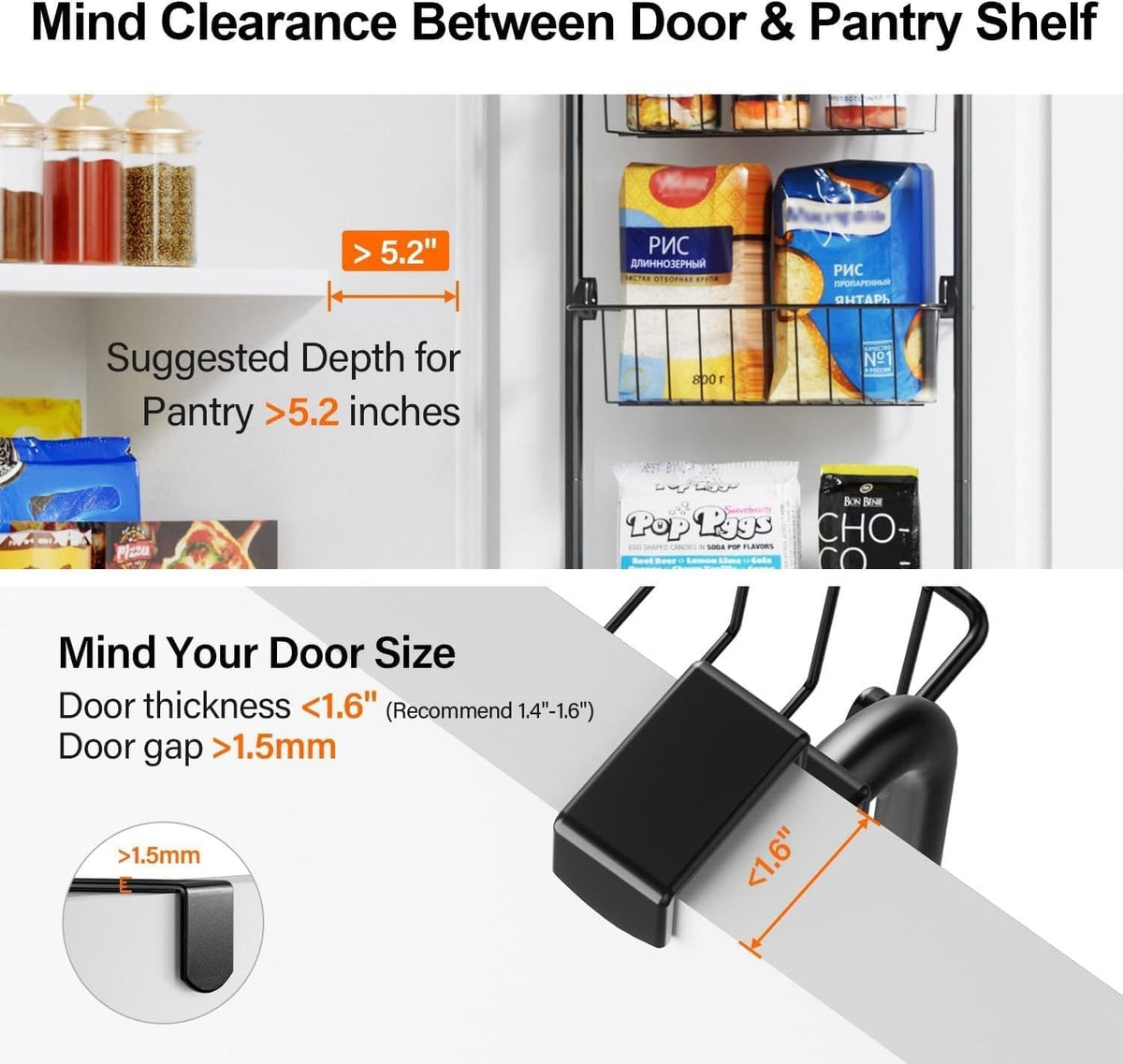 Over the Door Pantry Organizer, 6-Tier Metal Pantry Door Organization and Storage, Hanging Kitchen Basket Spice Rack Seasoning Shelves, Cabinet Door Organizer for Easy Install,D5xW18xH50inch