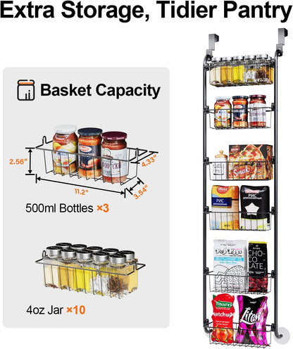 Over the Door Pantry Organizer, 6-Tier Metal Pantry Door Organization and Storage, Hanging Kitchen Basket Spice Rack Seasoning Shelves, Cabinet Door Organizer for Easy Install,D5xW18xH50inch