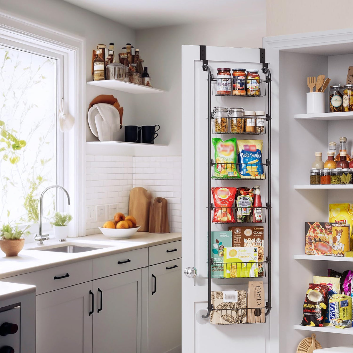 Over the Door Pantry Organizer, 6-Tier Metal Pantry Door Organization and Storage, Hanging Kitchen Basket Spice Rack Seasoning Shelves, Cabinet Door Organizer for Easy Install,D5xW18xH50inch
