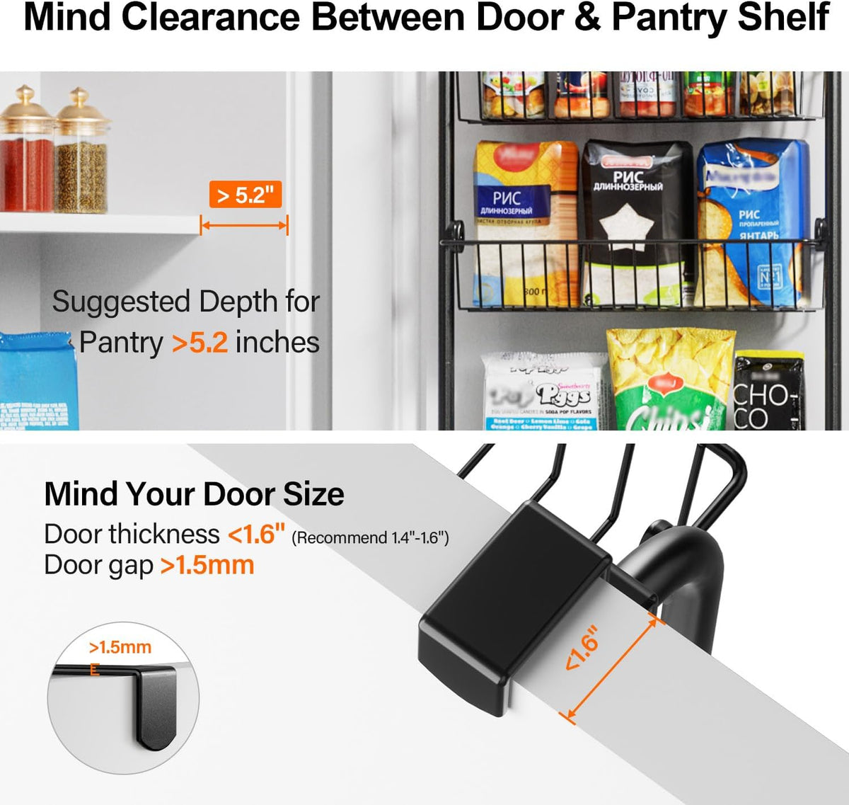 Over the Door Pantry Organizer, 6-Tier Metal Pantry Door Organization and Storage, Hanging Kitchen Basket Spice Rack Seasoning Shelves, Cabinet Door Organizer for Easy Install,D5xW18xH50inch