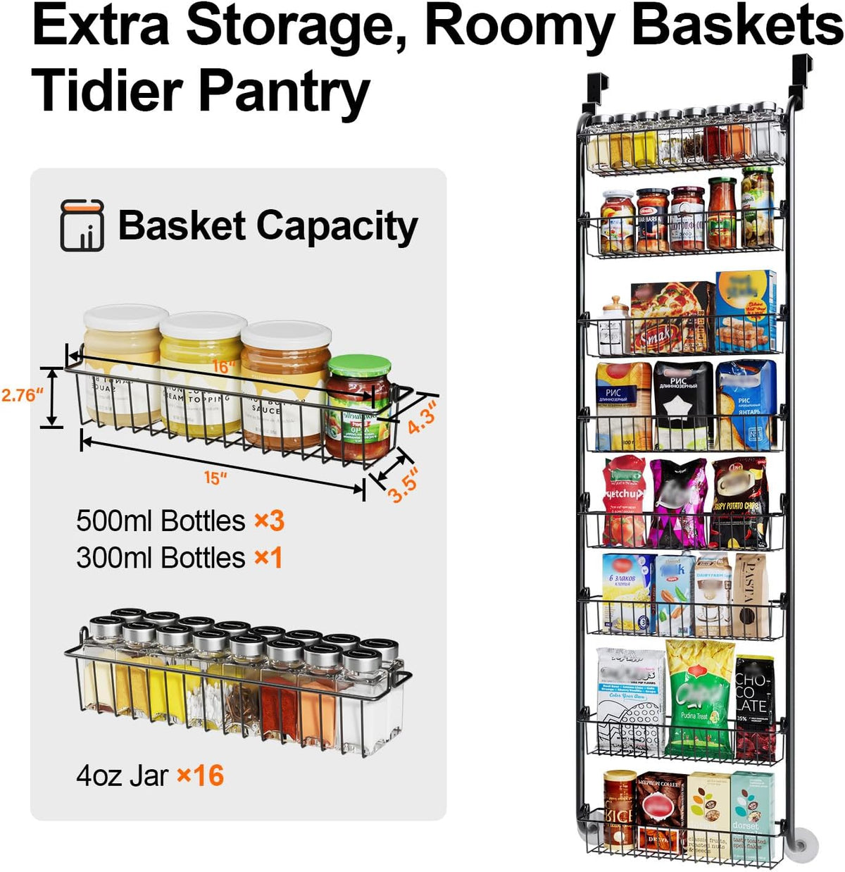 Over the Door Pantry Organizer, 6-Tier Metal Pantry Door Organization and Storage, Hanging Kitchen Basket Spice Rack Seasoning Shelves, Cabinet Door Organizer for Easy Install,D5xW18xH50inch