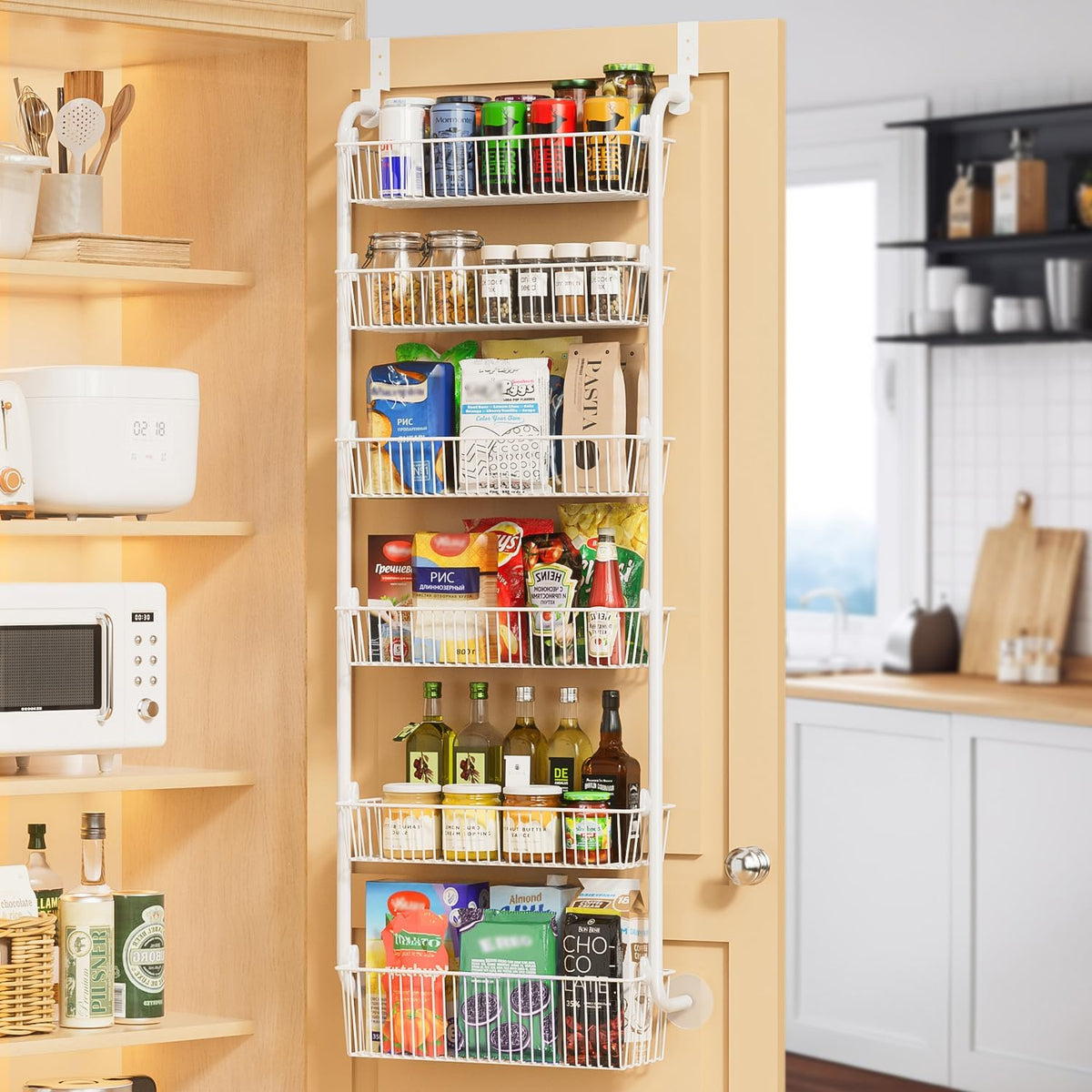 Over the Door Pantry Organizer, 6-Tier Metal Pantry Door Organization and Storage, Hanging Kitchen Basket Spice Rack Seasoning Shelves, Cabinet Door Organizer for Easy Install,D5xW18xH50inch