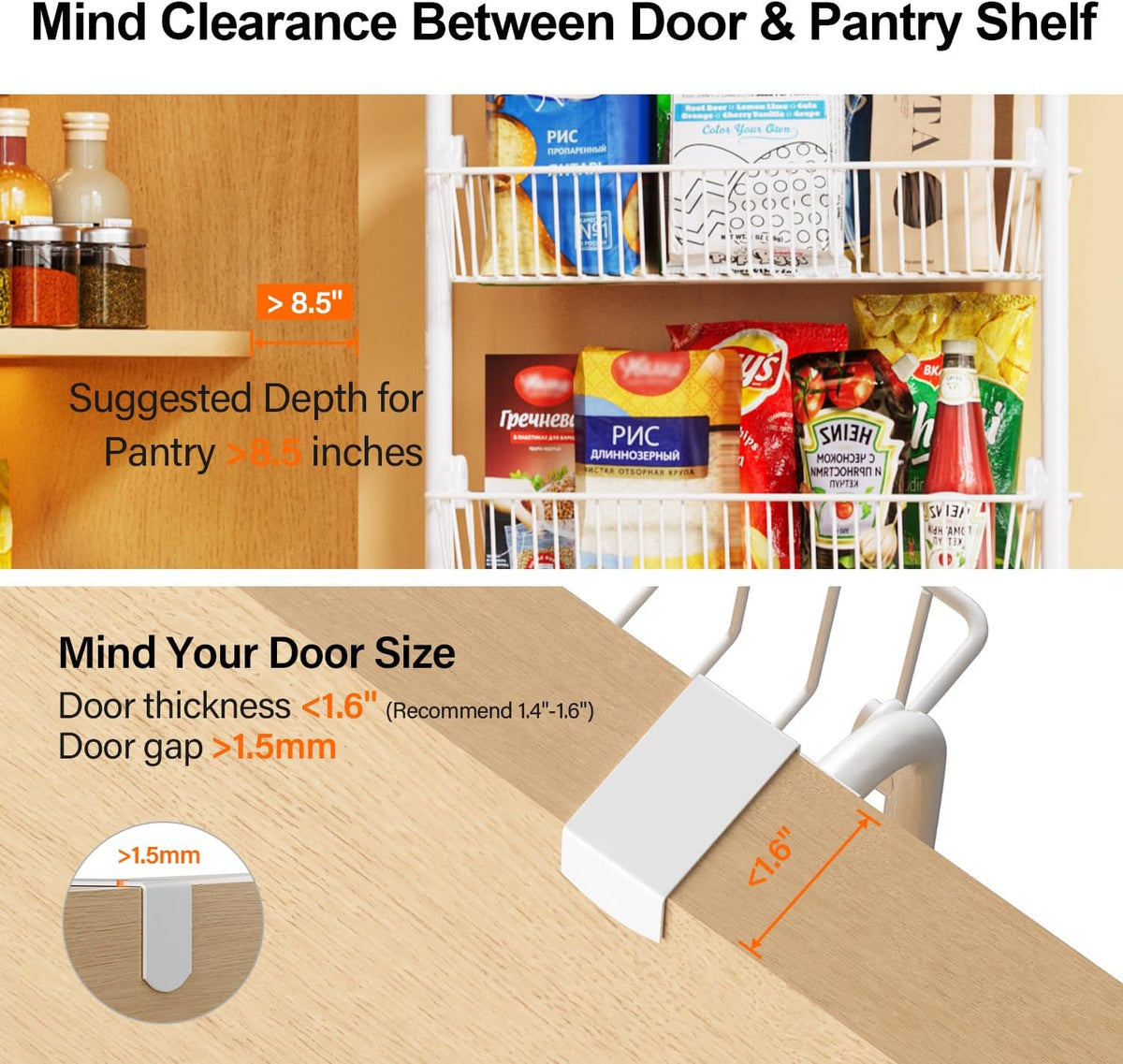 Over the Door Pantry Organizer, 6-Tier Metal Pantry Door Organization and Storage, Hanging Kitchen Basket Spice Rack Seasoning Shelves, Cabinet Door Organizer for Easy Install,D5xW18xH50inch