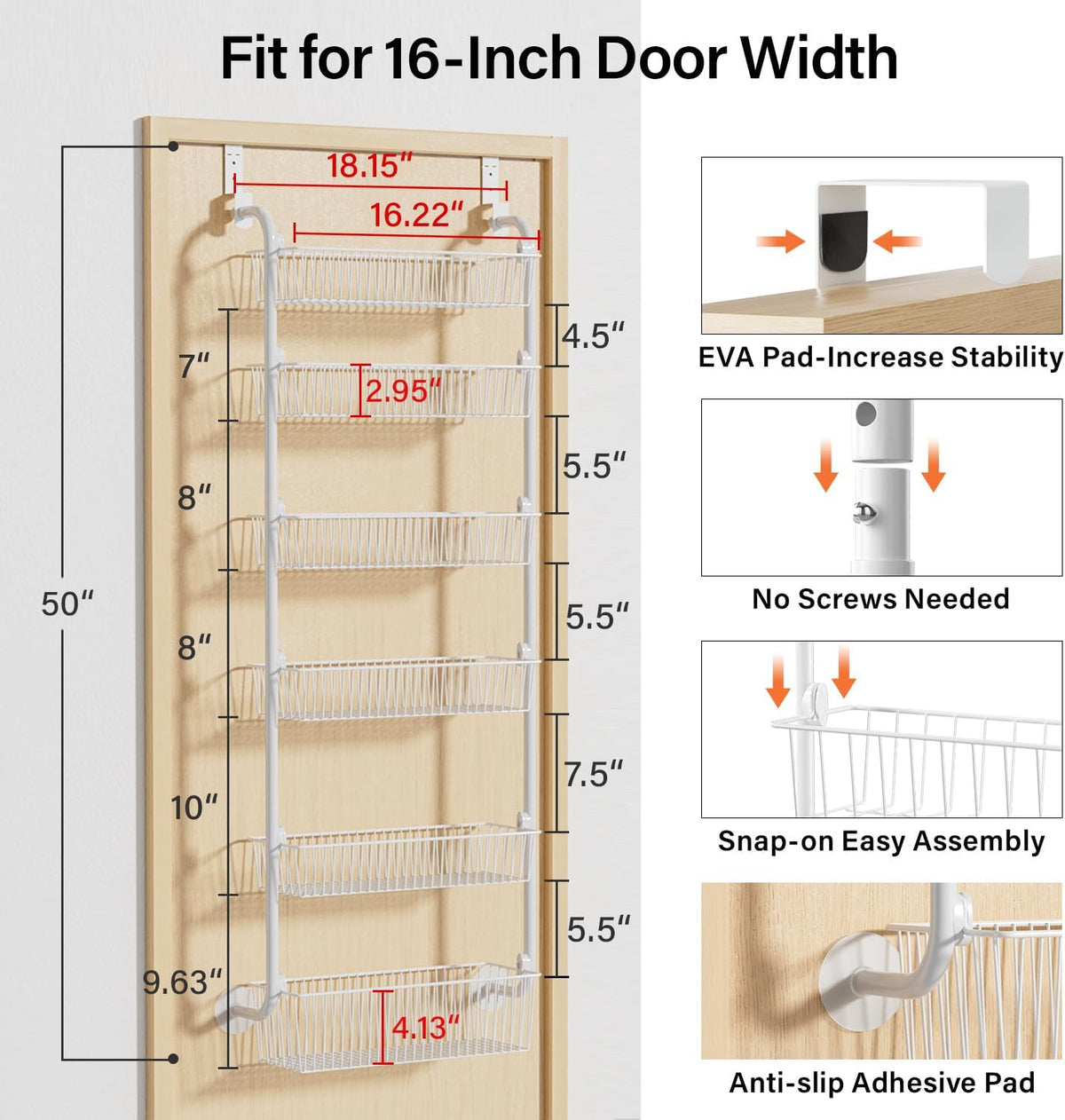 Over the Door Pantry Organizer, 6-Tier Metal Pantry Door Organization and Storage, Hanging Kitchen Basket Spice Rack Seasoning Shelves, Cabinet Door Organizer for Easy Install,D5xW18xH50inch