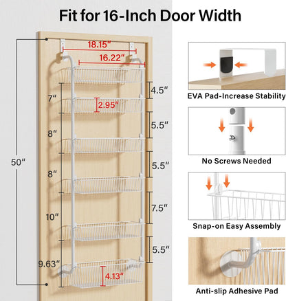 Over the Door Pantry Organizer, 6-Tier Metal Pantry Door Organization and Storage, Hanging Kitchen Basket Spice Rack Seasoning Shelves, Cabinet Door Organizer for Easy Install,D5xW18xH50inch