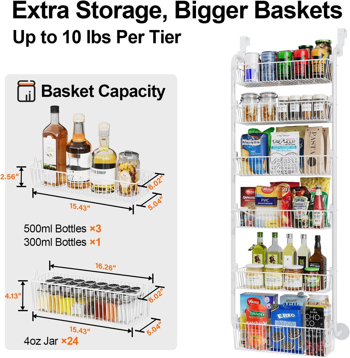 Over the Door Pantry Organizer, 6-Tier Metal Pantry Door Organization and Storage, Hanging Kitchen Basket Spice Rack Seasoning Shelves, Cabinet Door Organizer for Easy Install,D5xW18xH50inch