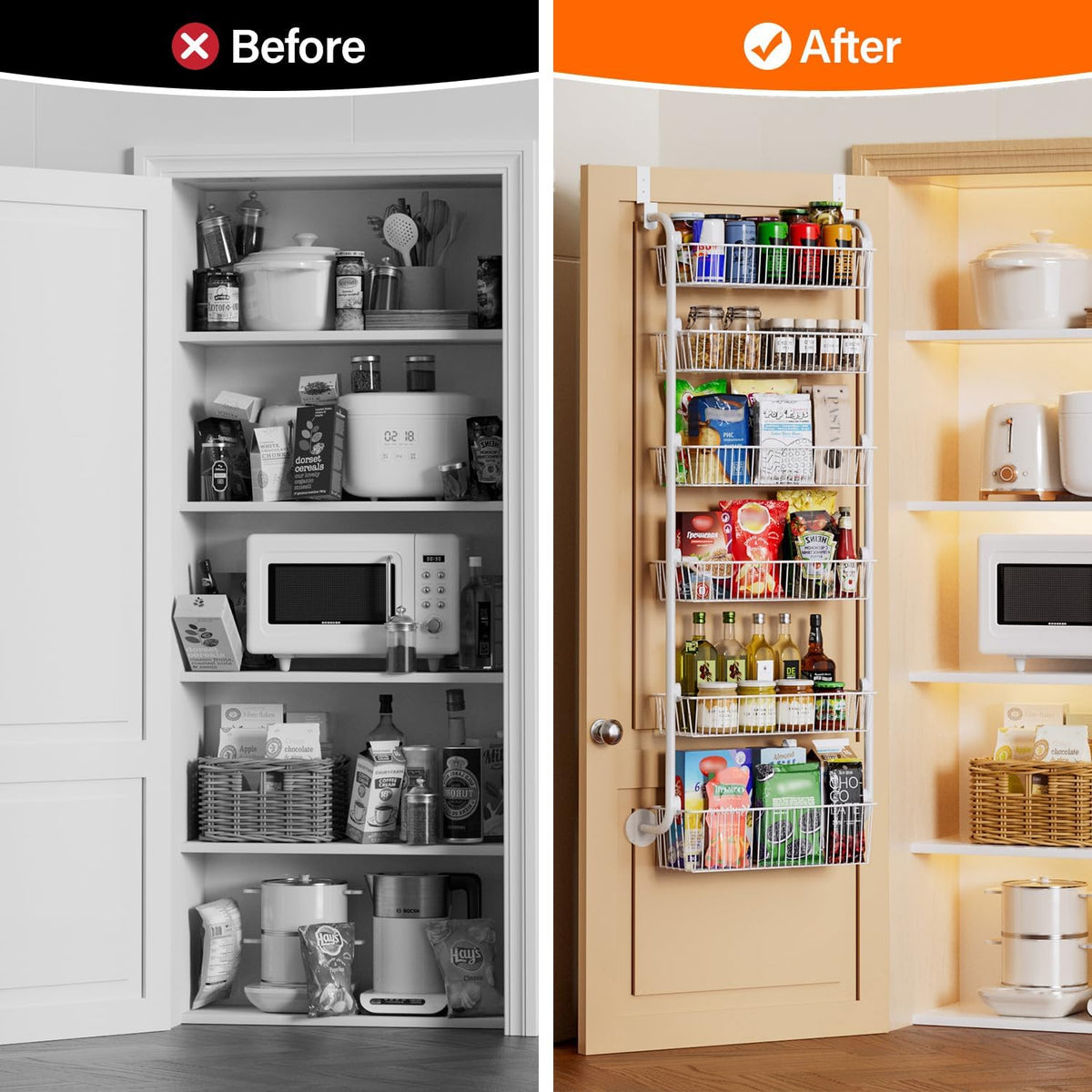 Over the Door Pantry Organizer, 6-Tier Metal Pantry Door Organization and Storage, Hanging Kitchen Basket Spice Rack Seasoning Shelves, Cabinet Door Organizer for Easy Install,D5xW18xH50inch