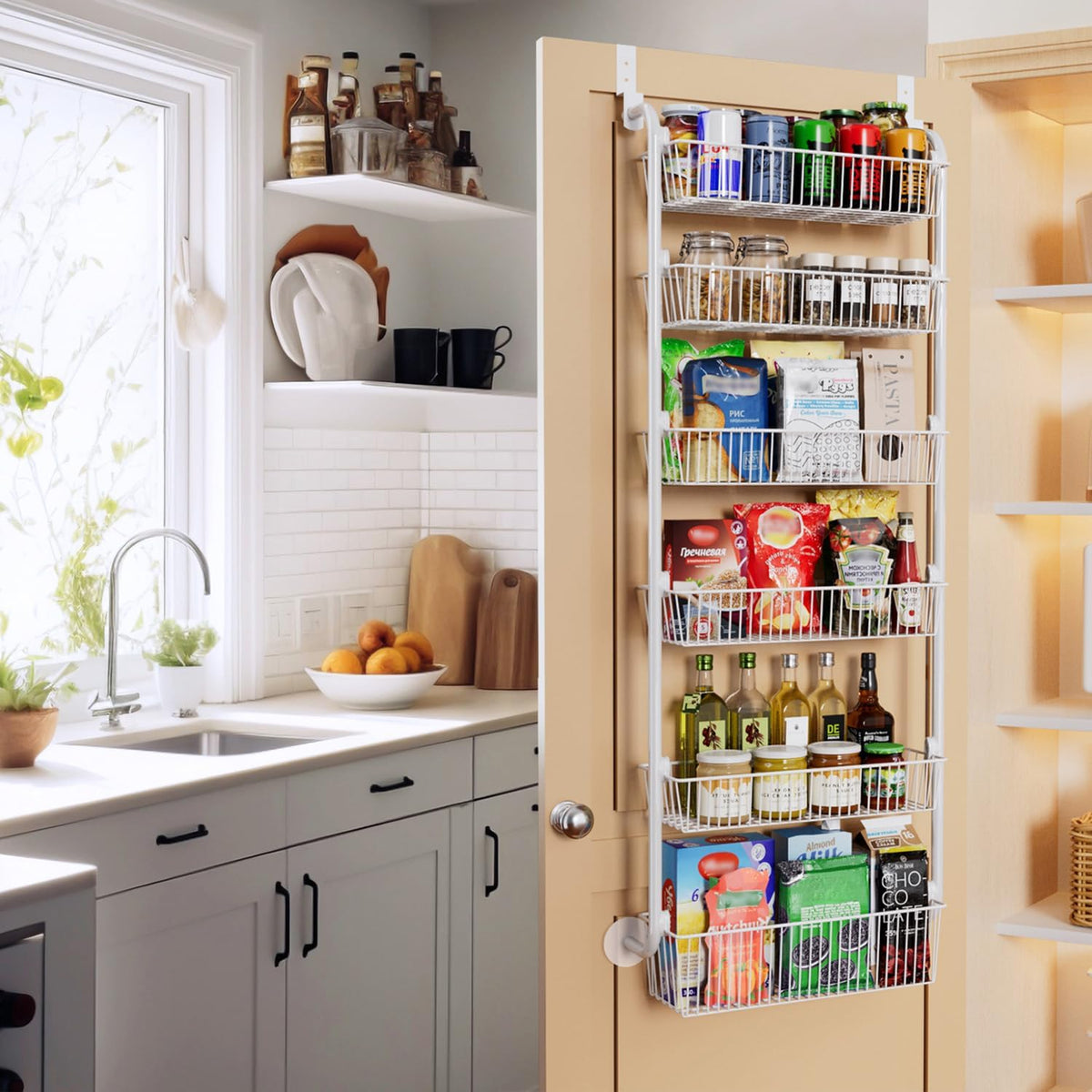 Over the Door Pantry Organizer, 6-Tier Metal Pantry Door Organization and Storage, Hanging Kitchen Basket Spice Rack Seasoning Shelves, Cabinet Door Organizer for Easy Install,D5xW18xH50inch