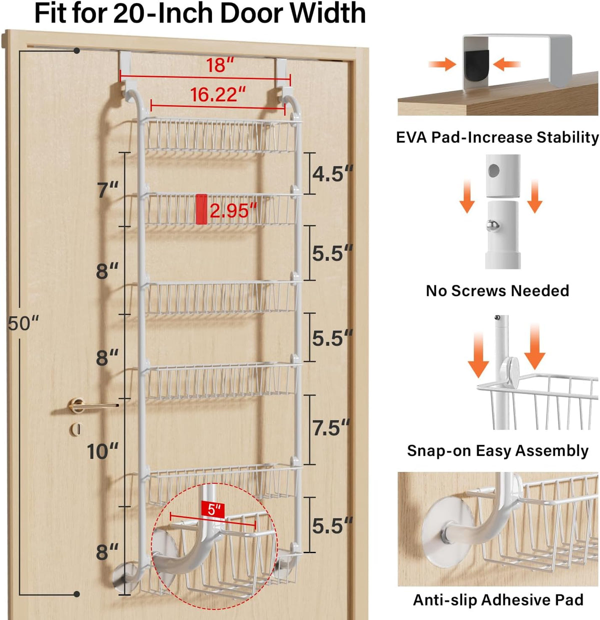 Over the Door Pantry Organizer, 6-Tier Metal Pantry Door Organization and Storage, Hanging Kitchen Basket Spice Rack Seasoning Shelves, Cabinet Door Organizer for Easy Install,D5xW18xH50inch
