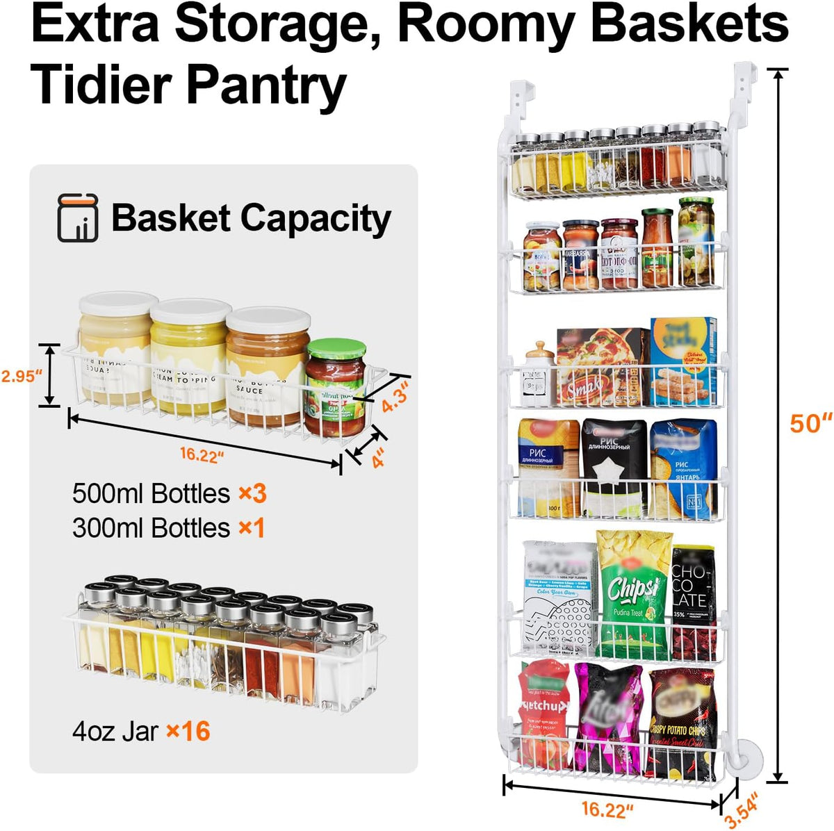 Over the Door Pantry Organizer, 6-Tier Metal Pantry Door Organization and Storage, Hanging Kitchen Basket Spice Rack Seasoning Shelves, Cabinet Door Organizer for Easy Install,D5xW18xH50inch