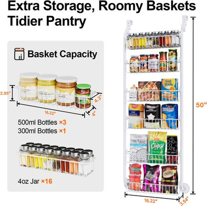 Over the Door Pantry Organizer, 6-Tier Metal Pantry Door Organization and Storage, Hanging Kitchen Basket Spice Rack Seasoning Shelves, Cabinet Door Organizer for Easy Install,D5xW18xH50inch