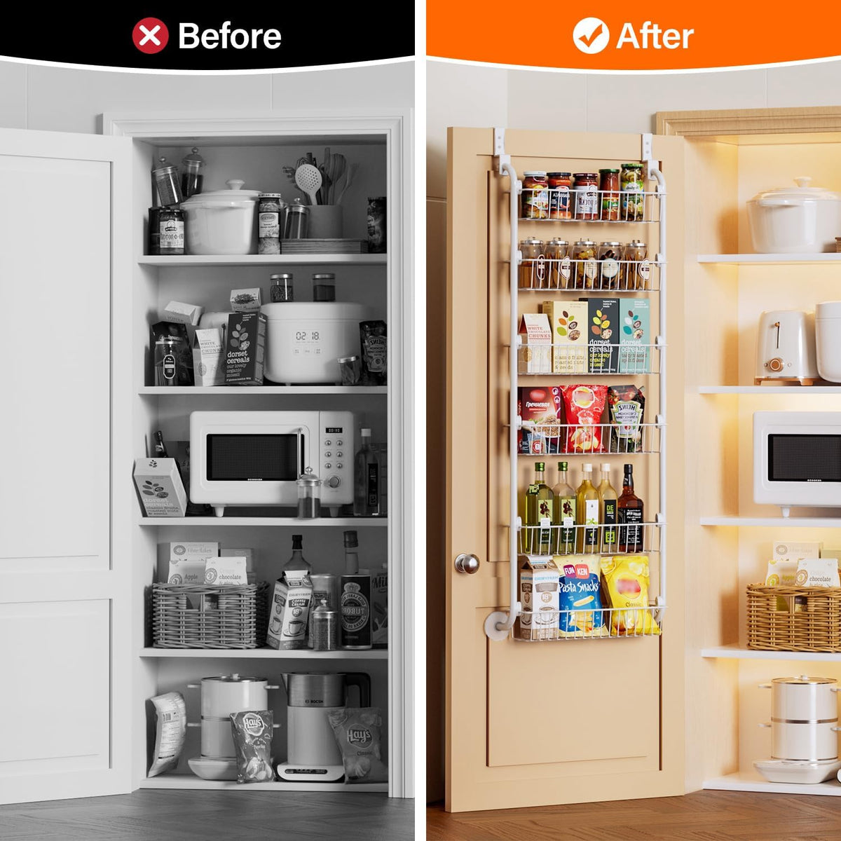 Over the Door Pantry Organizer, 6-Tier Metal Pantry Door Organization and Storage, Hanging Kitchen Basket Spice Rack Seasoning Shelves, Cabinet Door Organizer for Easy Install,D5xW18xH50inch
