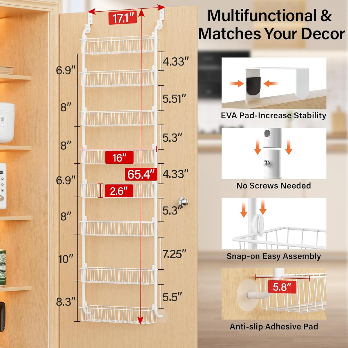 Over the Door Pantry Organizer, 6-Tier Metal Pantry Door Organization and Storage, Hanging Kitchen Basket Spice Rack Seasoning Shelves, Cabinet Door Organizer for Easy Install,D5xW18xH50inch