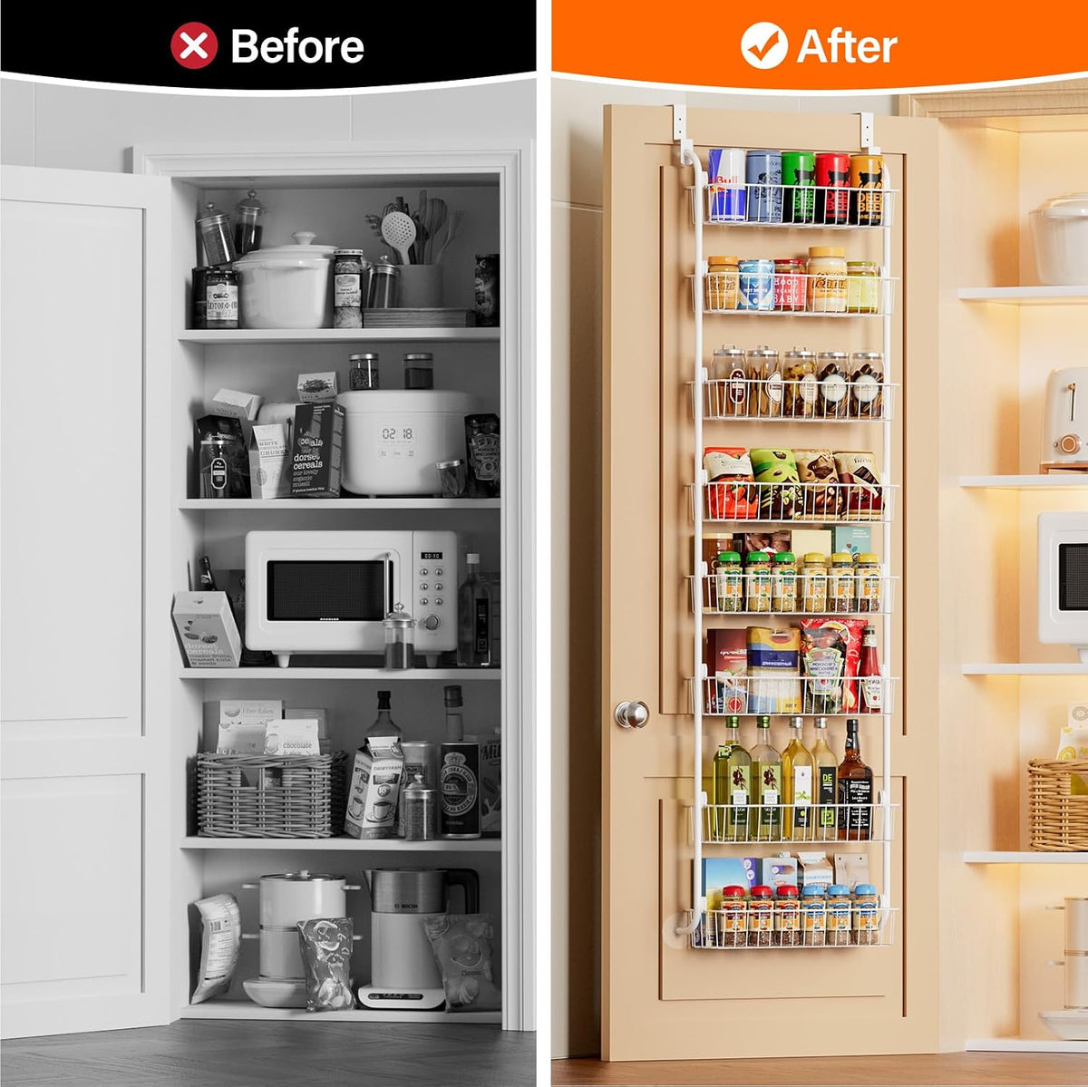Over the Door Pantry Organizer, 6-Tier Metal Pantry Door Organization and Storage, Hanging Kitchen Basket Spice Rack Seasoning Shelves, Cabinet Door Organizer for Easy Install,D5xW18xH50inch