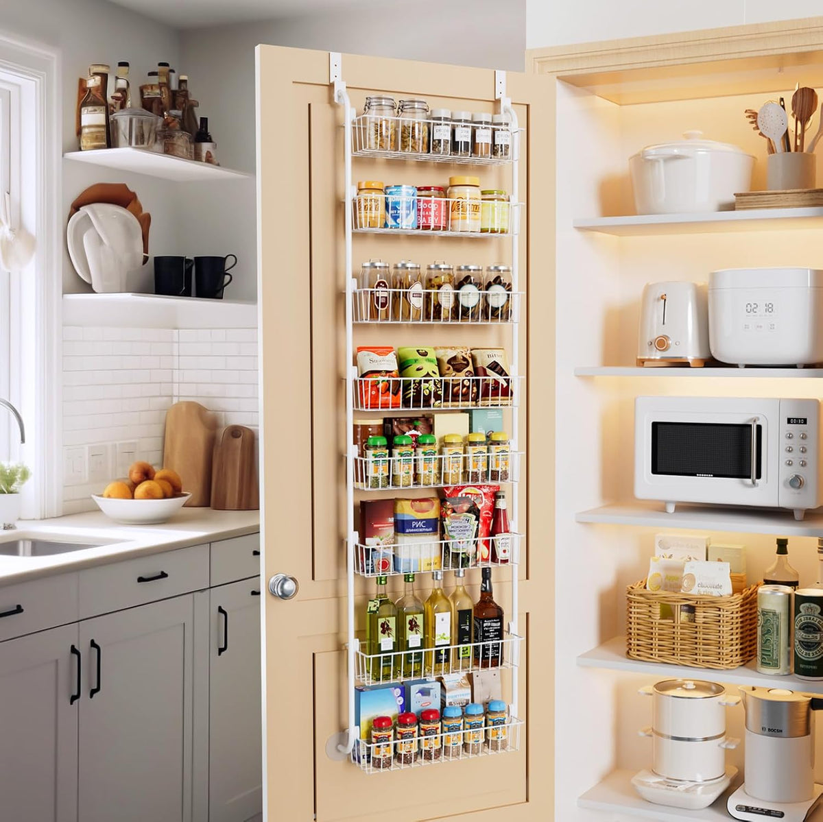 Over the Door Pantry Organizer, 6-Tier Metal Pantry Door Organization and Storage, Hanging Kitchen Basket Spice Rack Seasoning Shelves, Cabinet Door Organizer for Easy Install,D5xW18xH50inch