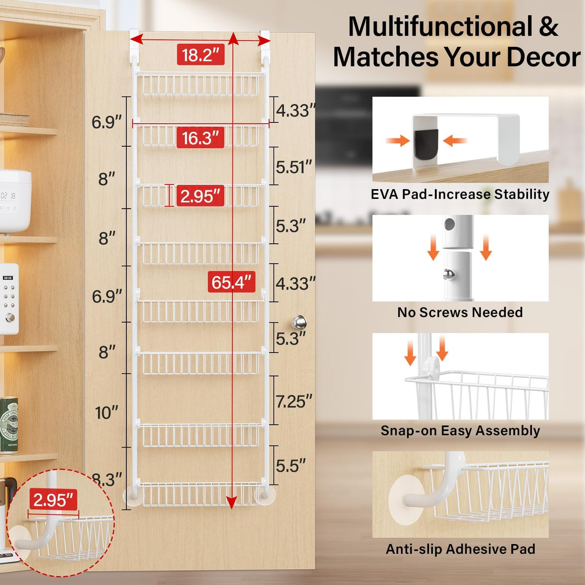 Over the Door Pantry Organizer, 6-Tier Metal Pantry Door Organization and Storage, Hanging Kitchen Basket Spice Rack Seasoning Shelves, Cabinet Door Organizer for Easy Install,D5xW18xH50inch