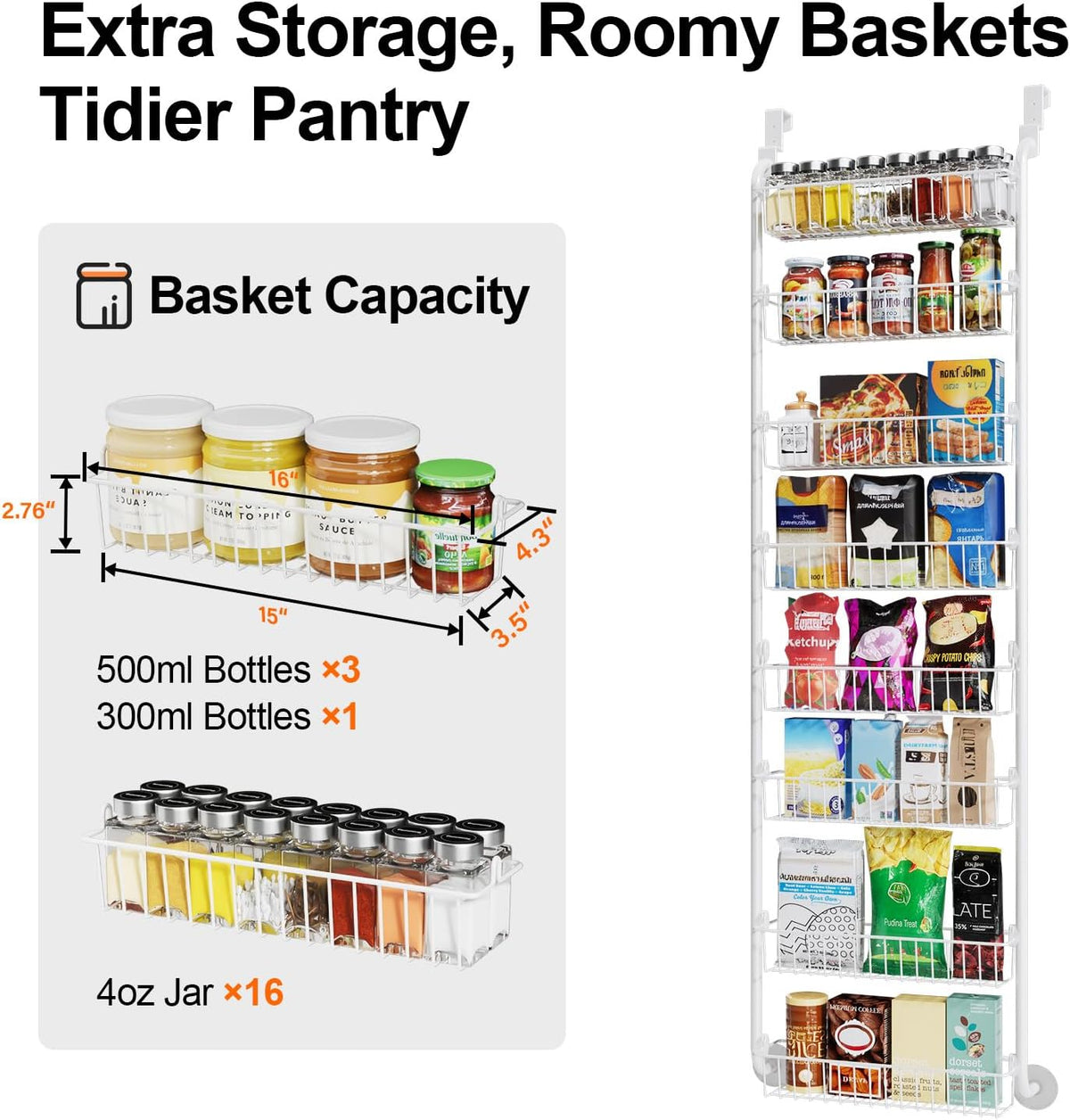 Over the Door Pantry Organizer, 6-Tier Metal Pantry Door Organization and Storage, Hanging Kitchen Basket Spice Rack Seasoning Shelves, Cabinet Door Organizer for Easy Install,D5xW18xH50inch