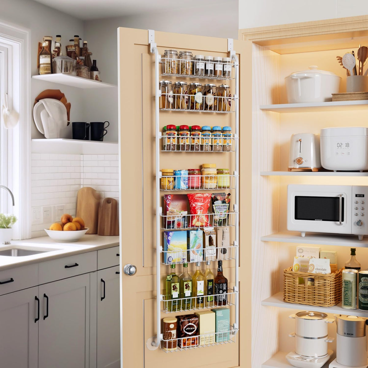Over the Door Pantry Organizer, 6-Tier Metal Pantry Door Organization and Storage, Hanging Kitchen Basket Spice Rack Seasoning Shelves, Cabinet Door Organizer for Easy Install,D5xW18xH50inch
