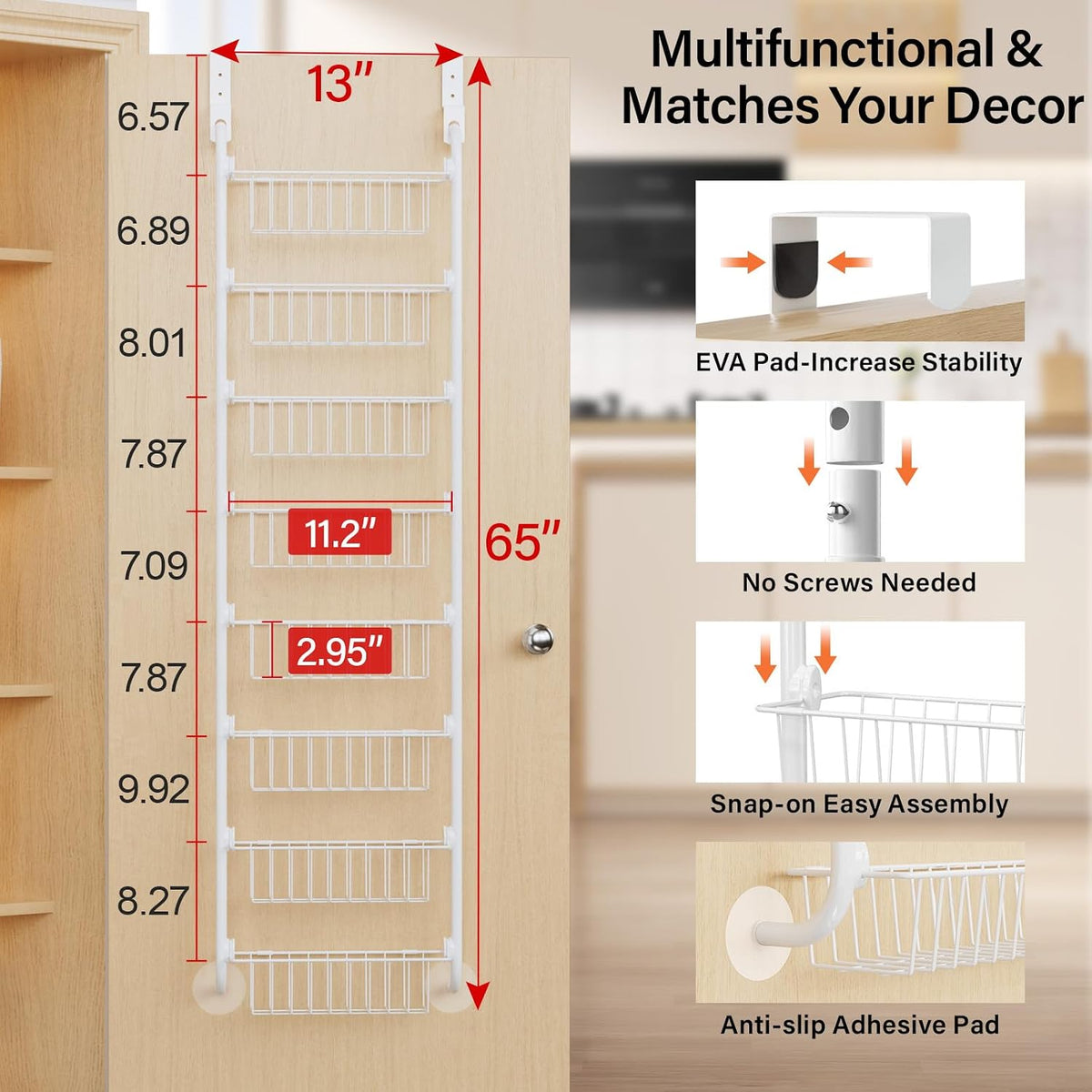 Over the Door Pantry Organizer, 6-Tier Metal Pantry Door Organization and Storage, Hanging Kitchen Basket Spice Rack Seasoning Shelves, Cabinet Door Organizer for Easy Install,D5xW18xH50inch