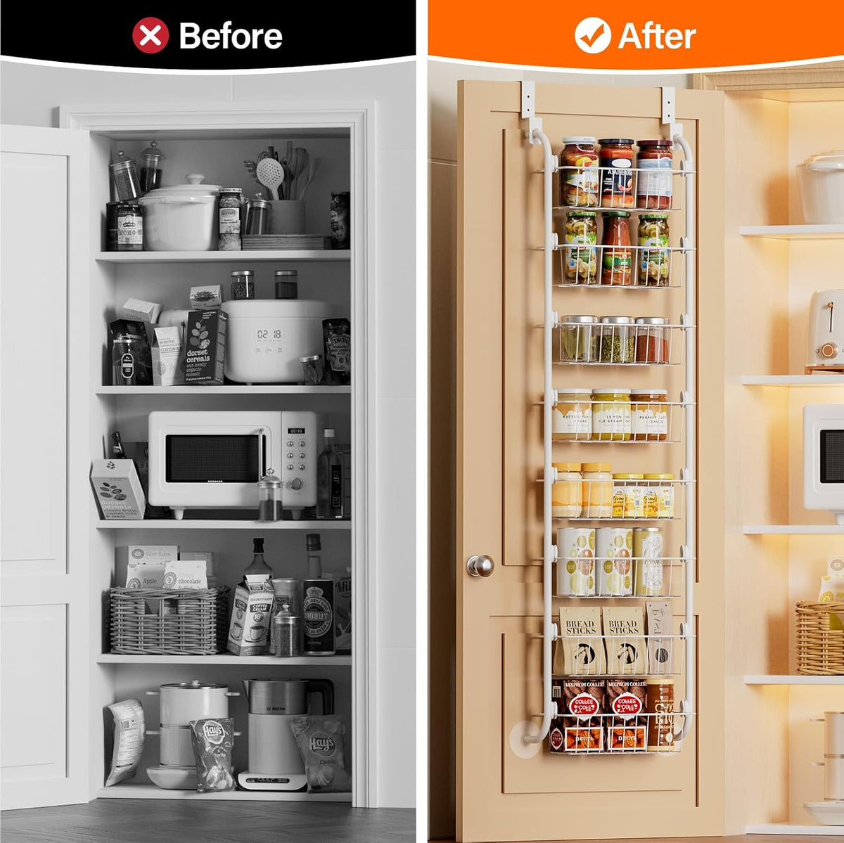 Over the Door Pantry Organizer, 6-Tier Metal Pantry Door Organization and Storage, Hanging Kitchen Basket Spice Rack Seasoning Shelves, Cabinet Door Organizer for Easy Install,D5xW18xH50inch