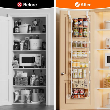 Over the Door Pantry Organizer, 6-Tier Metal Pantry Door Organization and Storage, Hanging Kitchen Basket Spice Rack Seasoning Shelves, Cabinet Door Organizer for Easy Install,D5xW18xH50inch