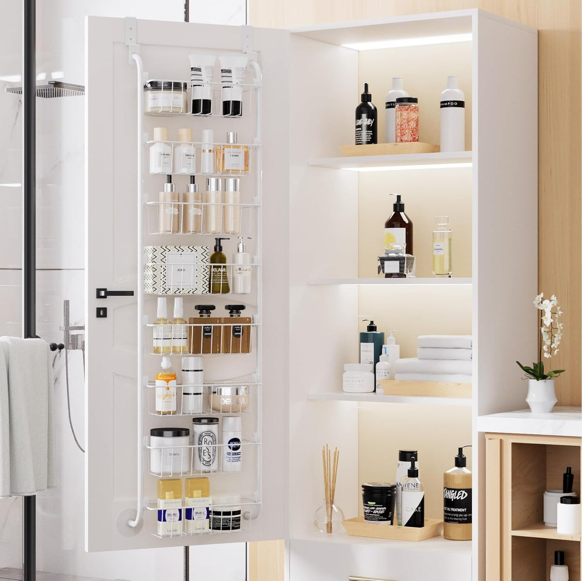 Over the Door Pantry Organizer, 6-Tier Metal Pantry Door Organization and Storage, Hanging Kitchen Basket Spice Rack Seasoning Shelves, Cabinet Door Organizer for Easy Install,D5xW18xH50inch