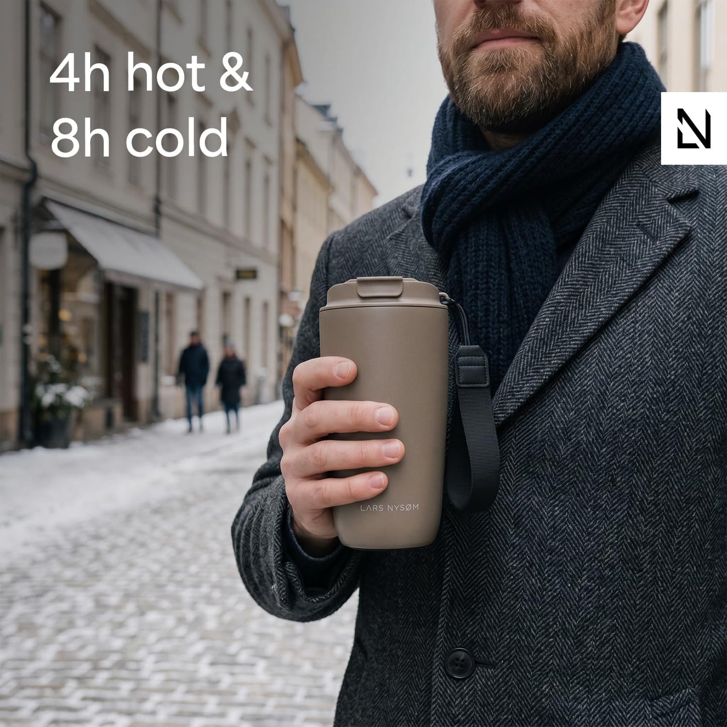 LARS NYSØM Thermo Coffee Mug-to-go with Strap 17oz | Travel Mug with Insulation | Leak Proof Stainless Steel Thermal Tumbler for Coffee and Tea to Go (Almond Beige, 17oz)