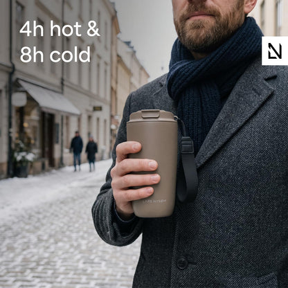 LARS NYSØM Thermo Coffee Mug-to-go with Strap 17oz | Travel Mug with Insulation | Leak Proof Stainless Steel Thermal Tumbler for Coffee and Tea to Go (Almond Beige, 17oz)