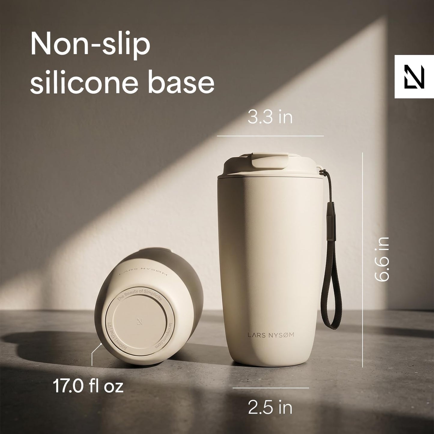 LARS NYSØM Thermo Coffee Mug-to-go with Strap 17oz | Travel Mug with Insulation | Leak Proof Stainless Steel Thermal Tumbler for Coffee and Tea to Go (Almond Beige, 17oz)