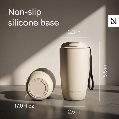 LARS NYSØM Thermo Coffee Mug-to-go with Strap 17oz | Travel Mug with Insulation | Leak Proof Stainless Steel Thermal Tumbler for Coffee and Tea to Go (Almond Beige, 17oz)