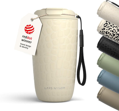 LARS NYSØM Thermo Coffee Mug-to-go with Strap 17oz | Travel Mug with Insulation | Leak Proof Stainless Steel Thermal Tumbler for Coffee and Tea to Go (Almond Beige, 17oz)