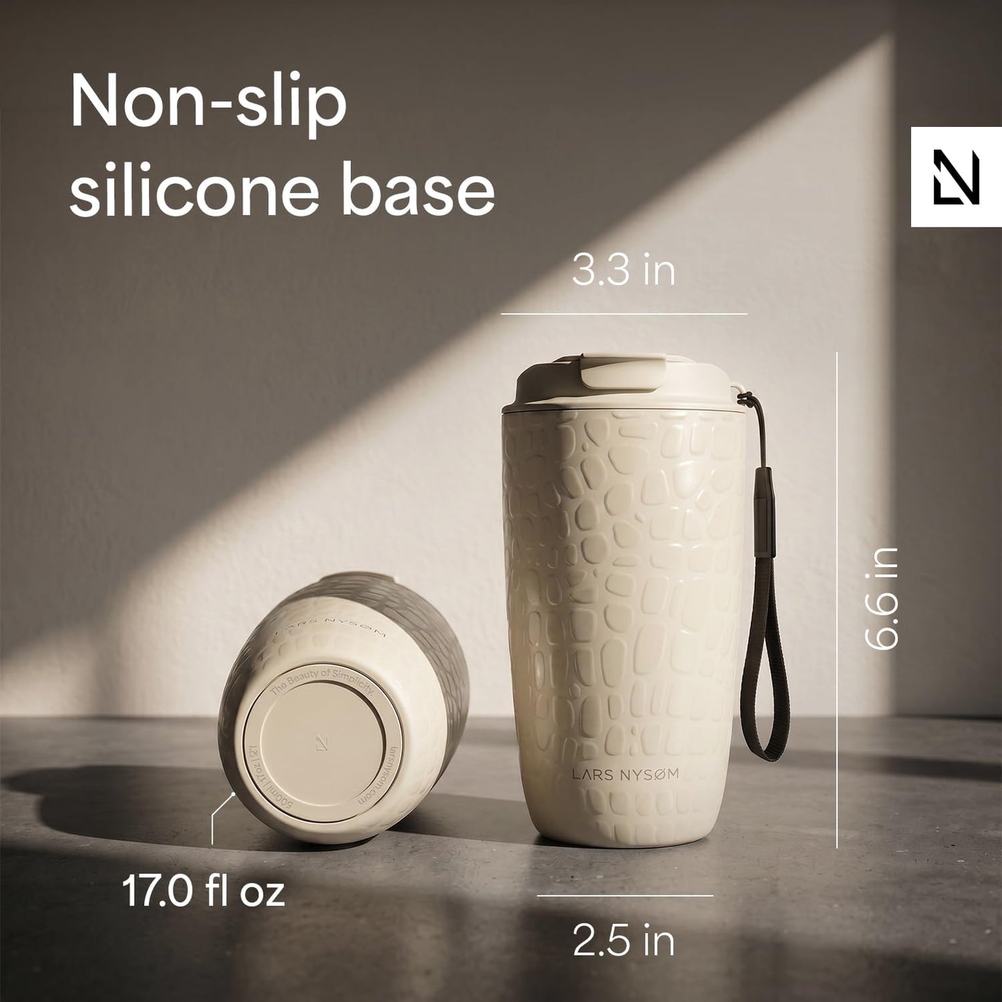 LARS NYSØM Thermo Coffee Mug-to-go with Strap 17oz | Travel Mug with Insulation | Leak Proof Stainless Steel Thermal Tumbler for Coffee and Tea to Go (Almond Beige, 17oz)