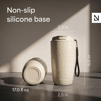 LARS NYSØM Thermo Coffee Mug-to-go with Strap 17oz | Travel Mug with Insulation | Leak Proof Stainless Steel Thermal Tumbler for Coffee and Tea to Go (Almond Beige, 17oz)