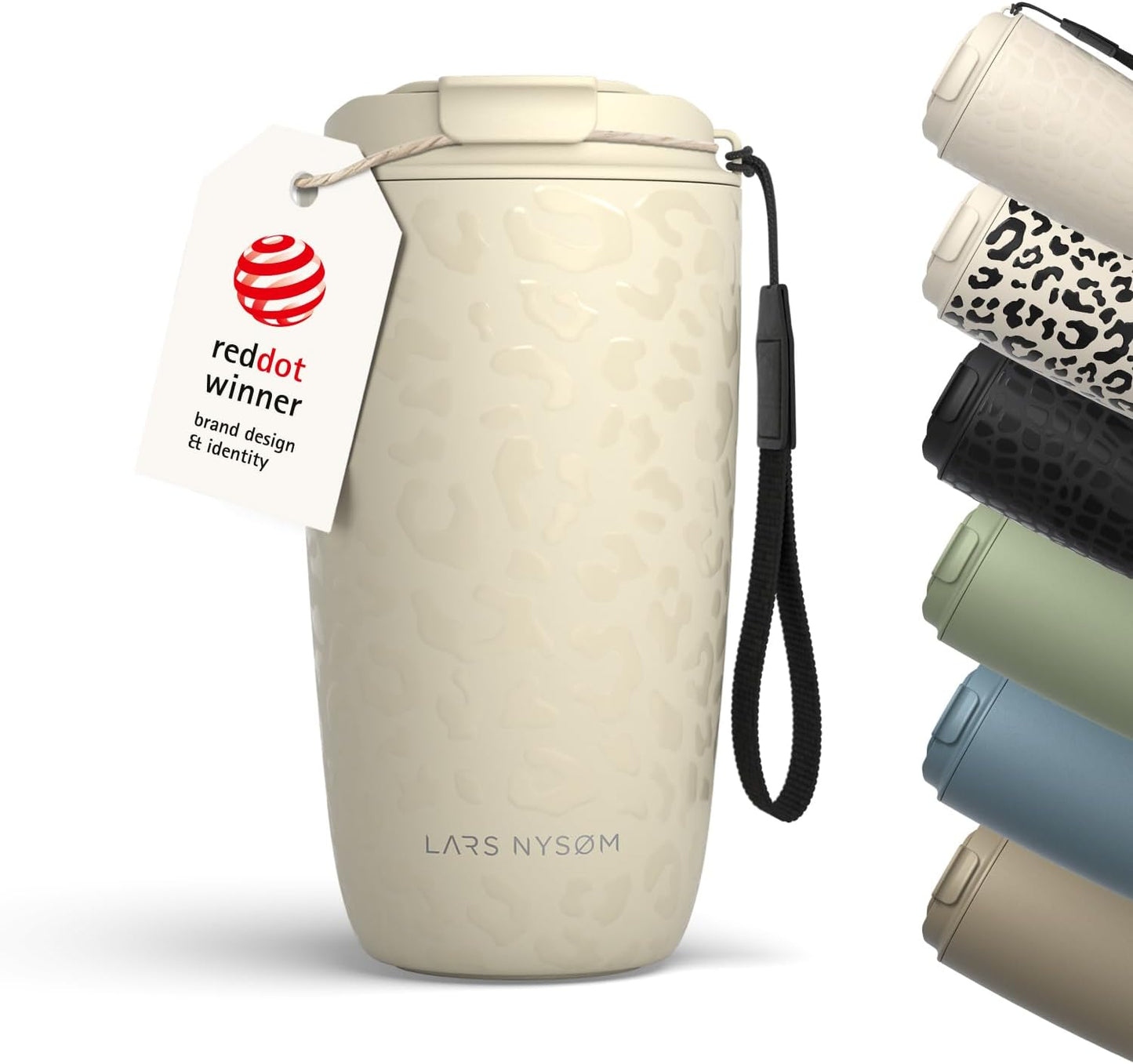 LARS NYSØM Thermo Coffee Mug-to-go with Strap 17oz | Travel Mug with Insulation | Leak Proof Stainless Steel Thermal Tumbler for Coffee and Tea to Go (Almond Beige, 17oz)