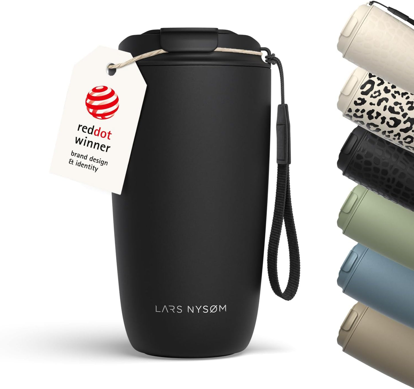 LARS NYSØM Thermo Coffee Mug-to-go with Strap 17oz | Travel Mug with Insulation | Leak Proof Stainless Steel Thermal Tumbler for Coffee and Tea to Go (Almond Beige, 17oz)